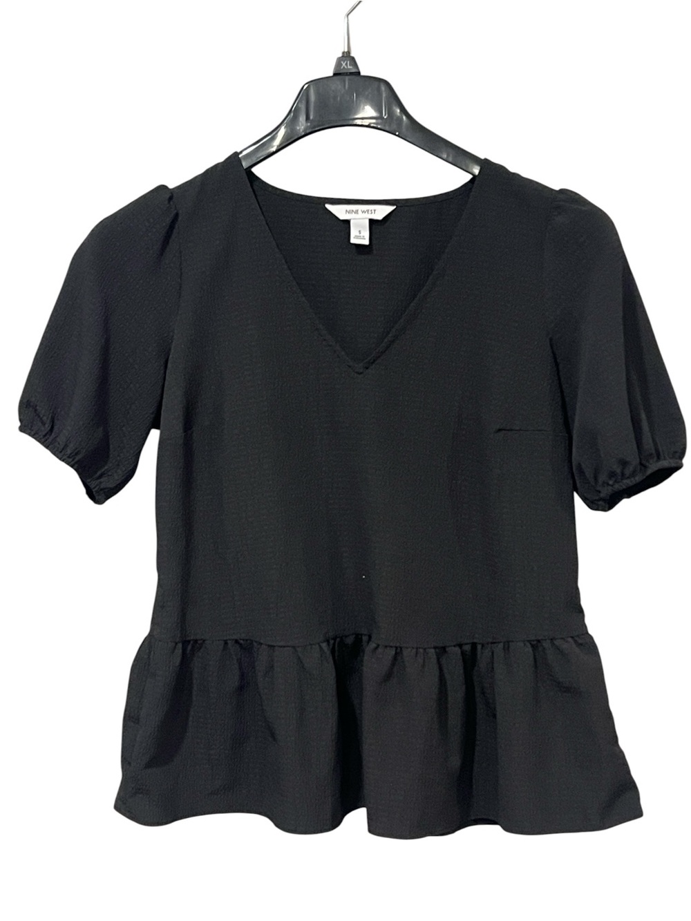 Nine West Black V-Neck Peplum Top with Short Puff Sleeves Textured Size Small